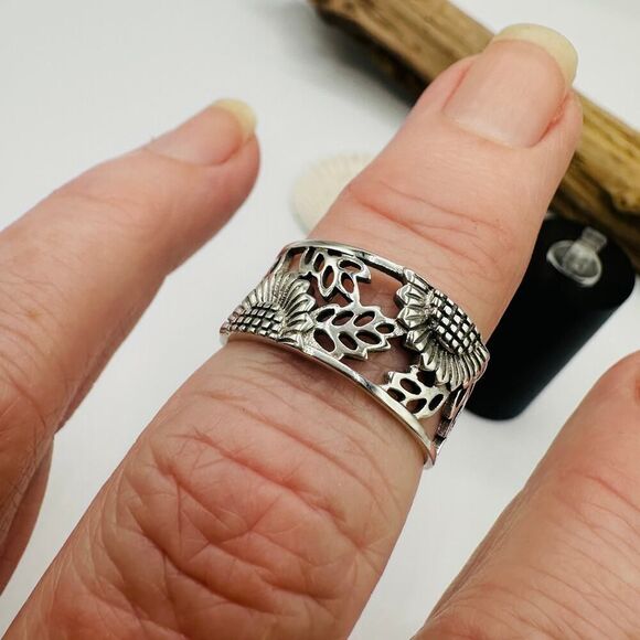 Sterling Silver Sunflower Band Ring, Boho Ring - Picture 4 of 4